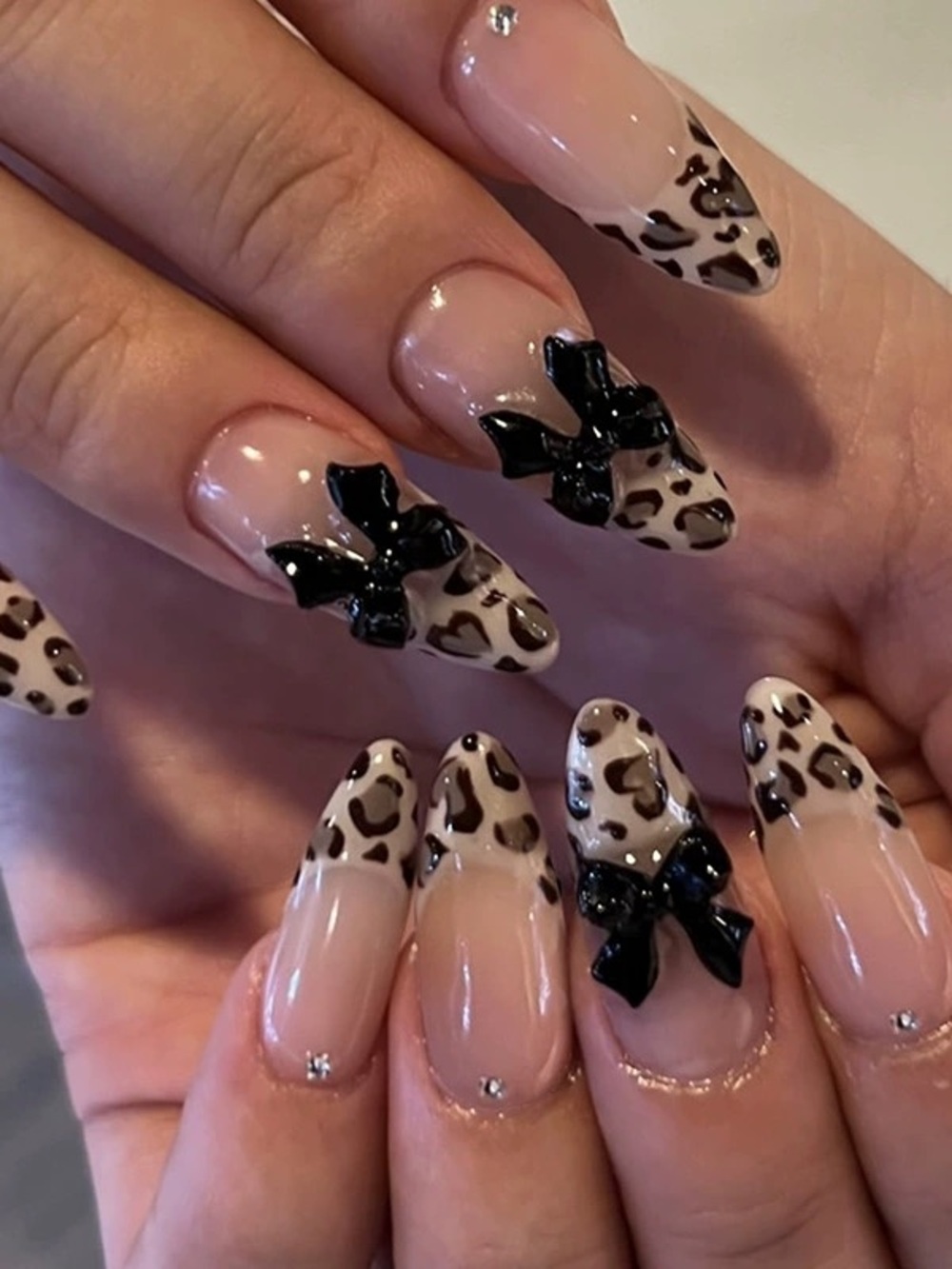 Nude Leopard Stiletto Press-On Nails with Black 3D Bows